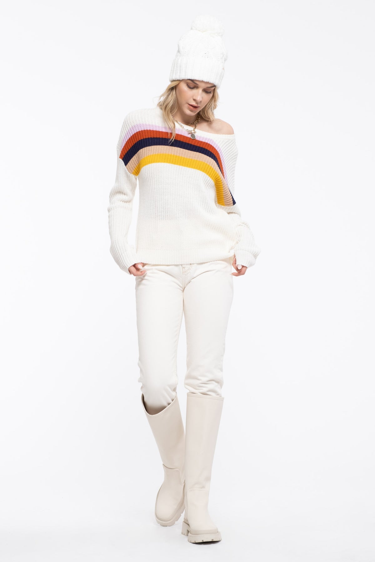 Ivory Multi Colored Striped Pullover Sweater