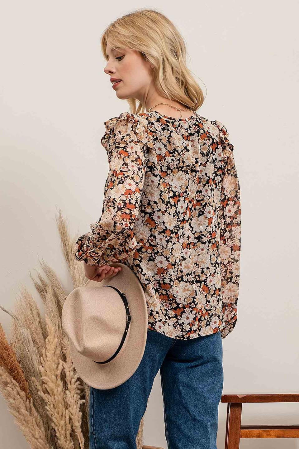Ruffled Shoulder Floral Print Top