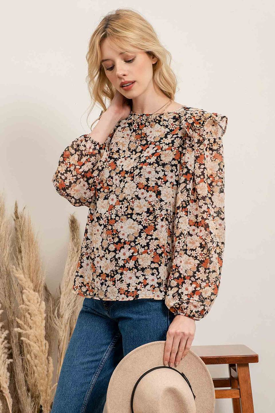 Ruffled Shoulder Floral Print Top
