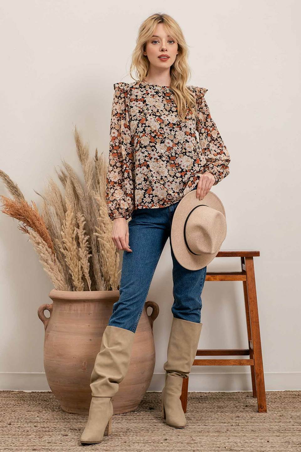 Ruffled Shoulder Floral Print Top