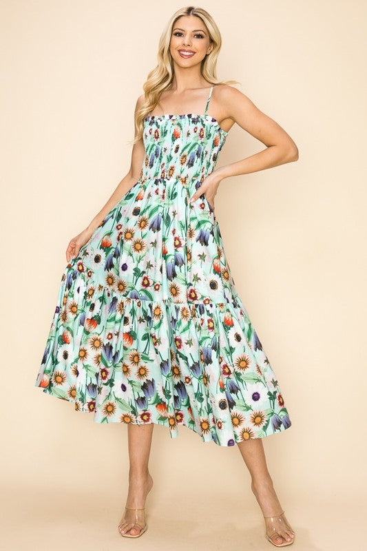 Sleeveless Smocked Floral Print Mini Midi Dress