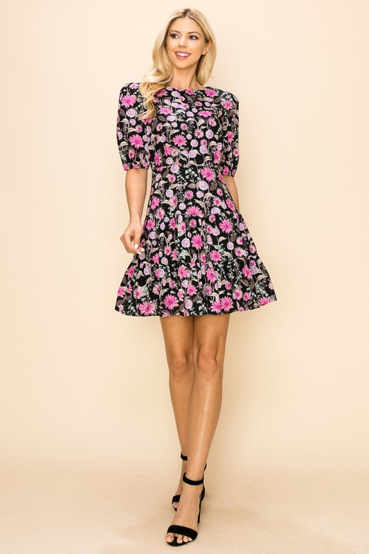 Floral Print Puff Sleeves Mini Dress
