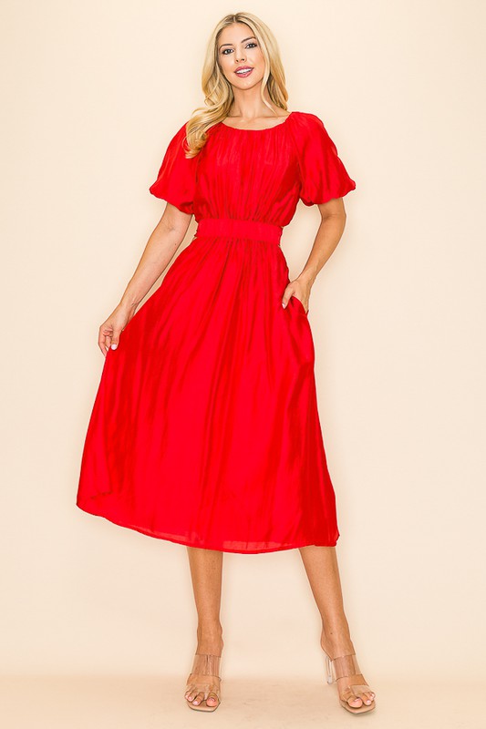 Short Puff Sleeve Cut Out Back Sash Tie Dress