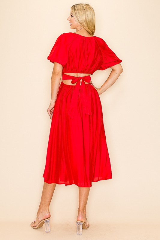 Short Puff Sleeve Cut Out Back Sash Tie Dress