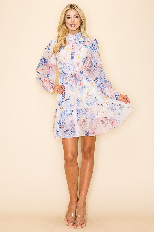 Pastel Floral Sheer Front Tie Button Collar Dress