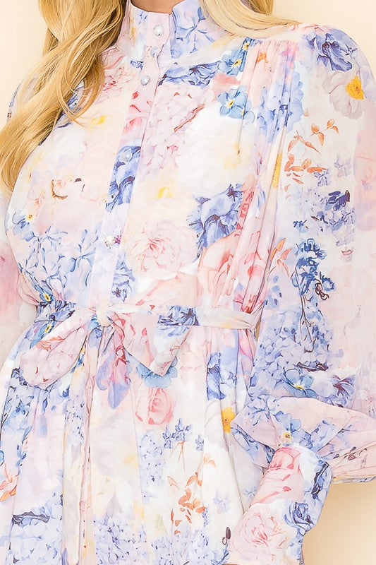Pastel Floral Sheer Front Tie Button Collar Dress