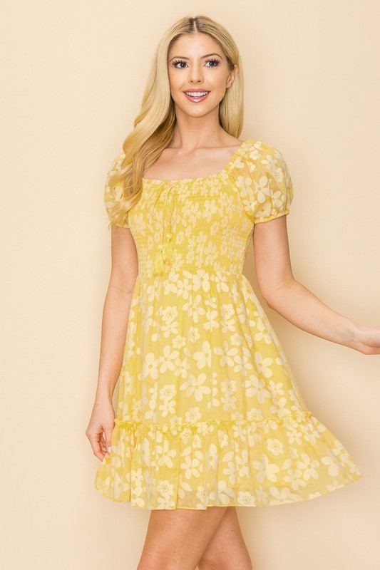 Yellow Floral Smocked Top Mini Dress