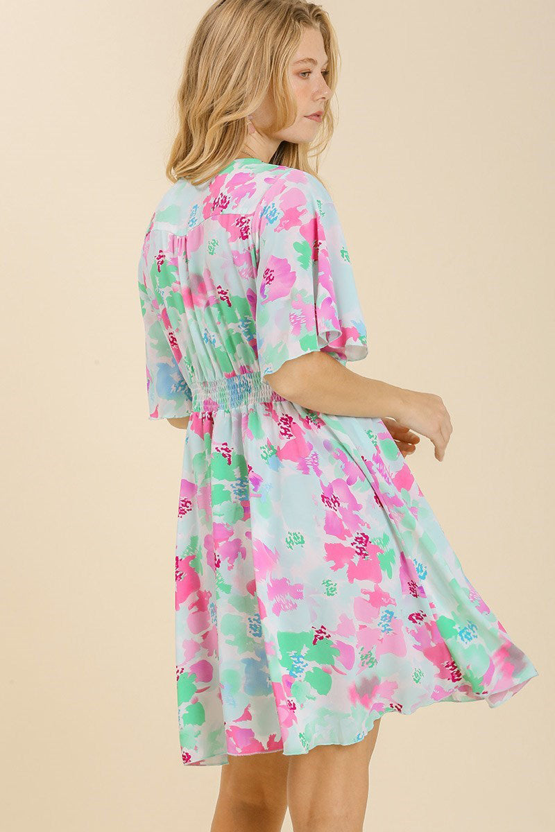 Flowy Ruffle Short Sleeve Pastel Floral Dress