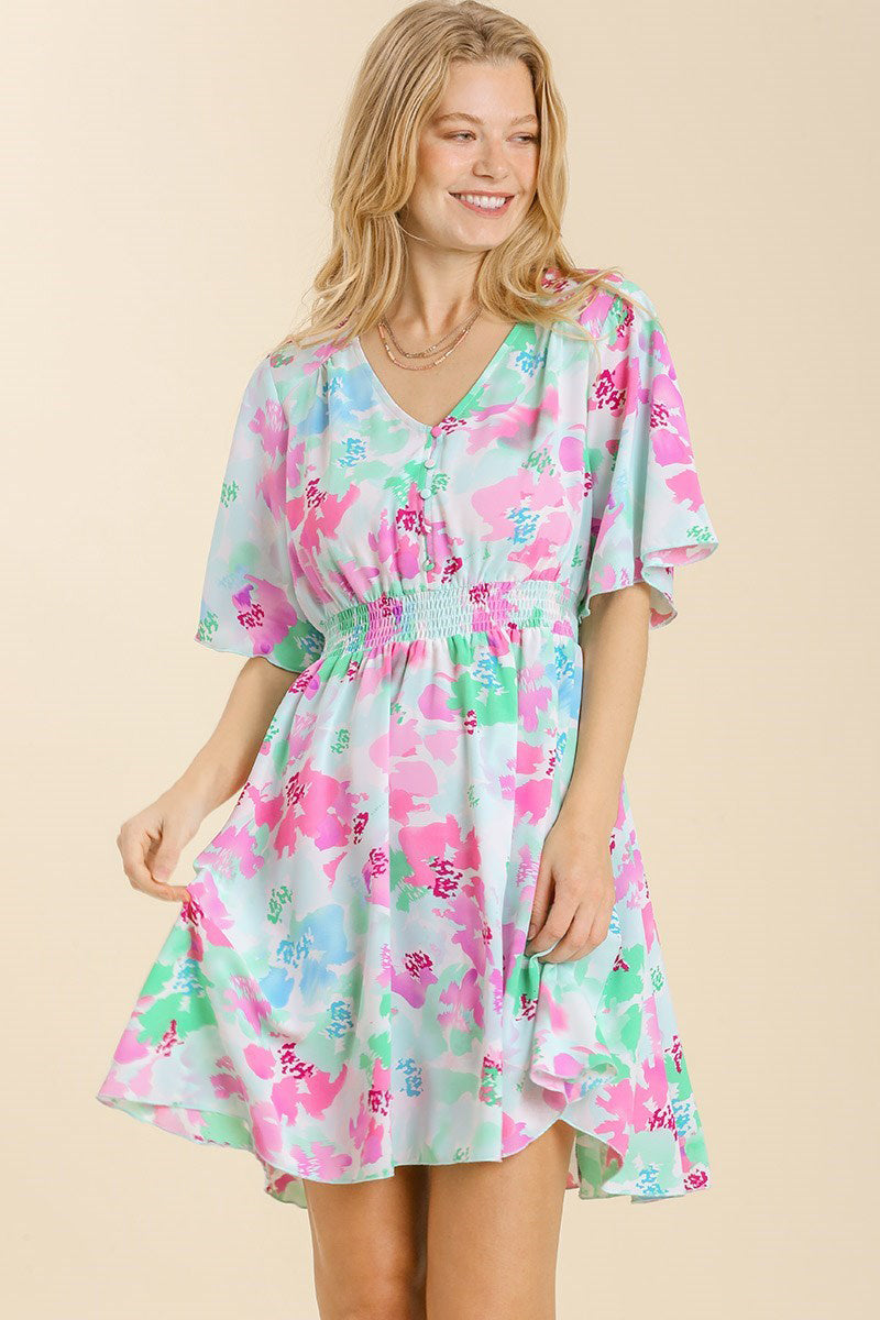 Flowy Ruffle Short Sleeve Pastel Floral Dress