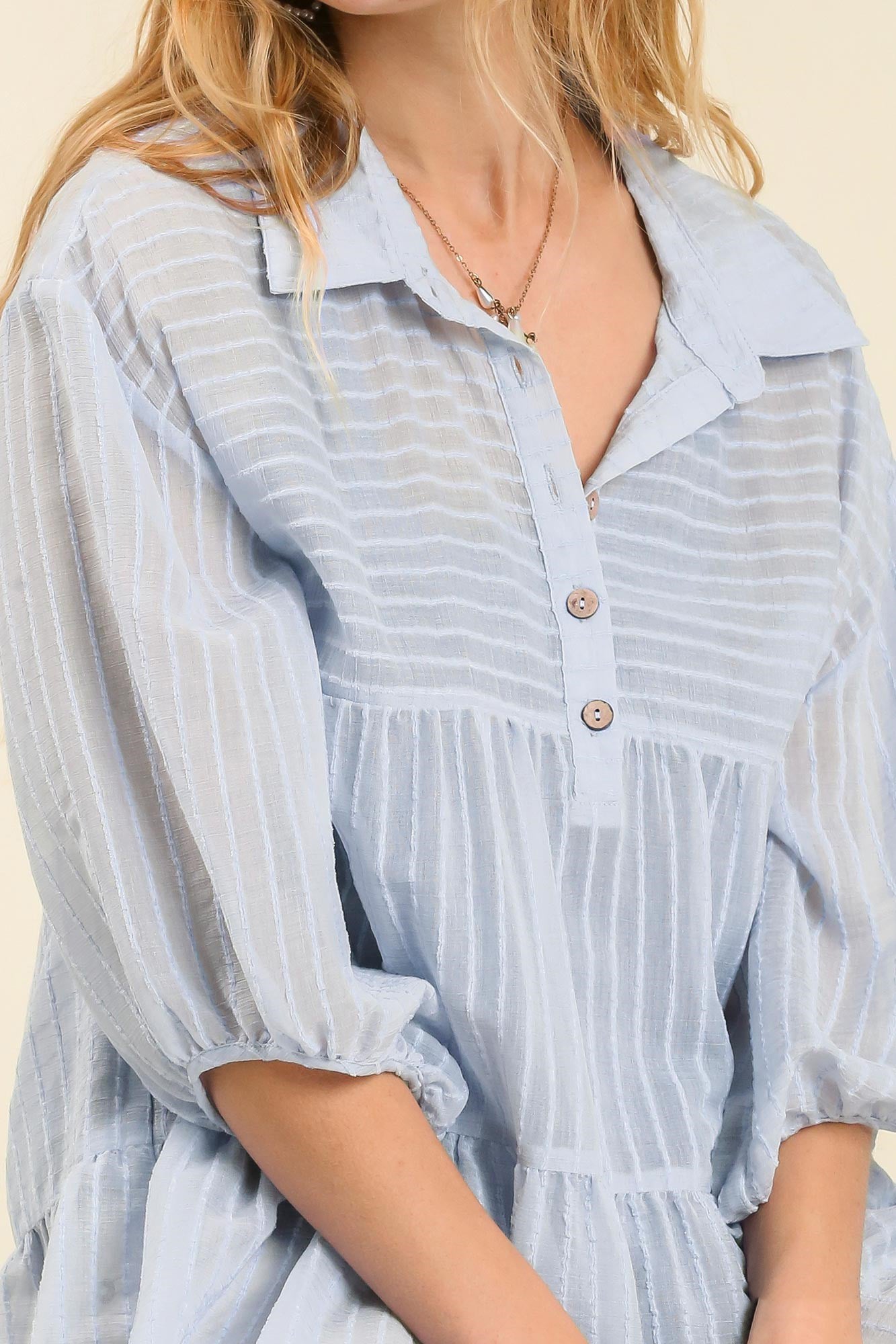 Light Blue Collared Button Down Sheer 3/4 Sleeve Top