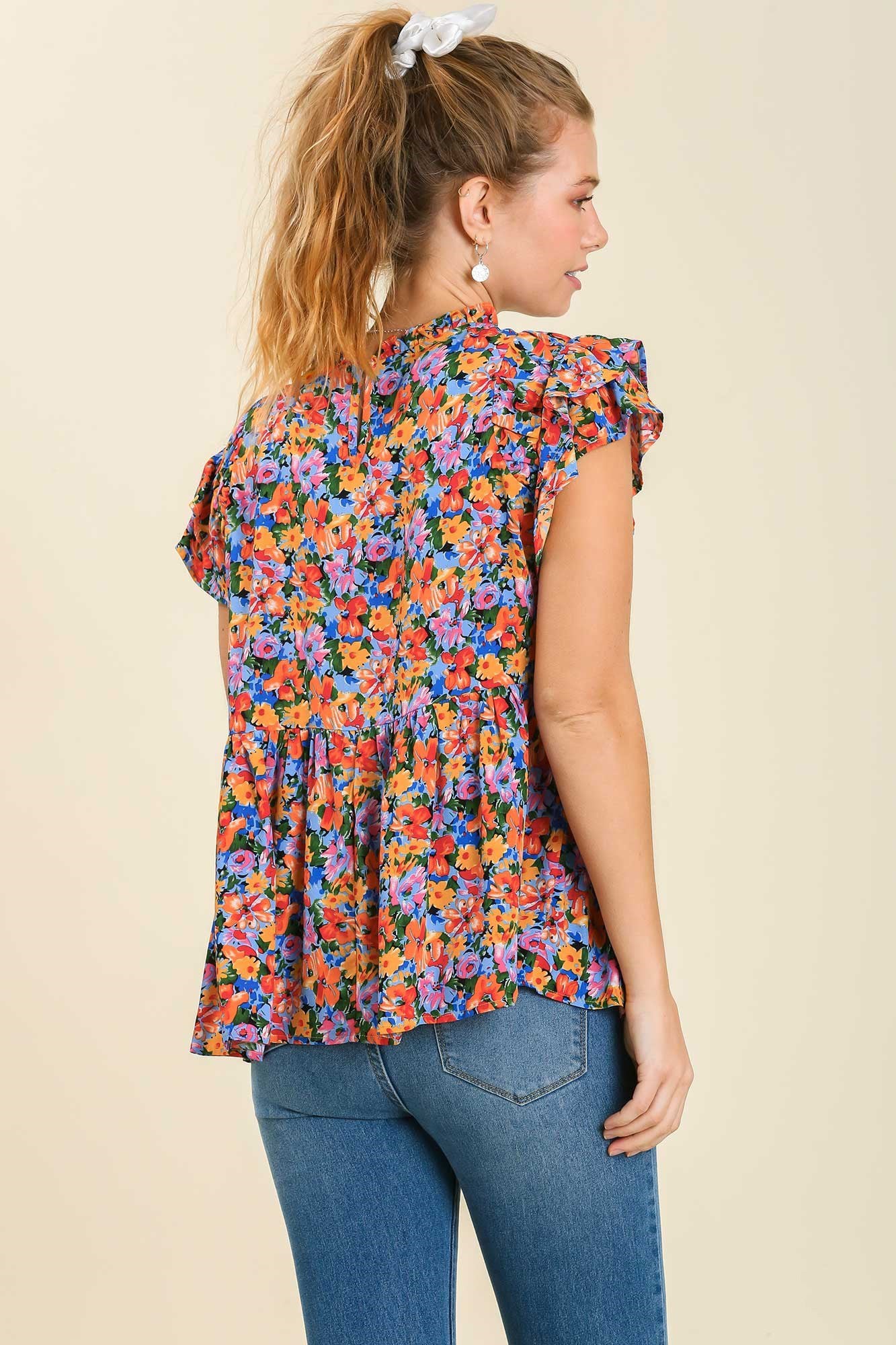 Short Tiered Ruffle Sleeve Floral Print Top