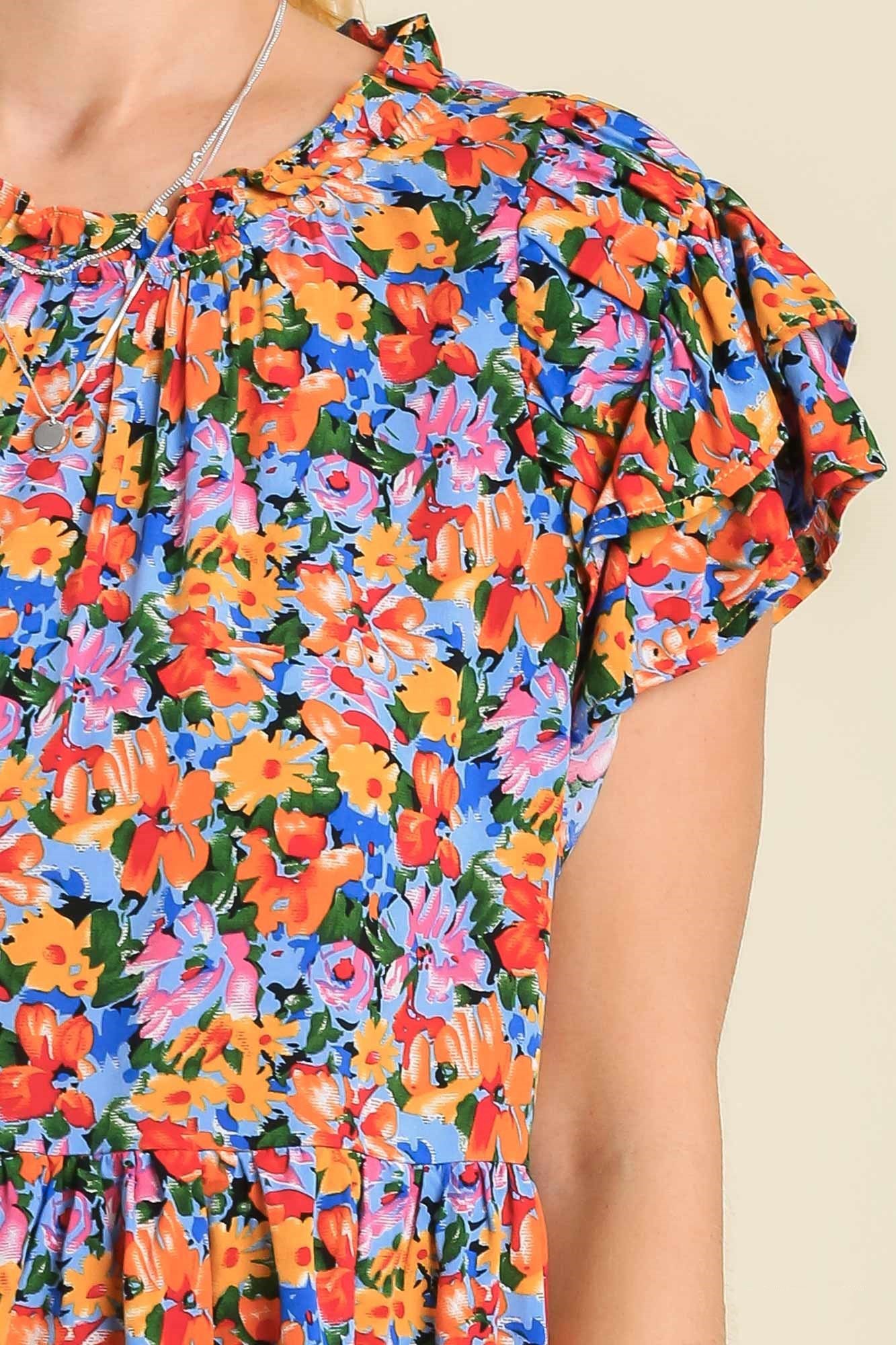 Short Tiered Ruffle Sleeve Floral Print Top