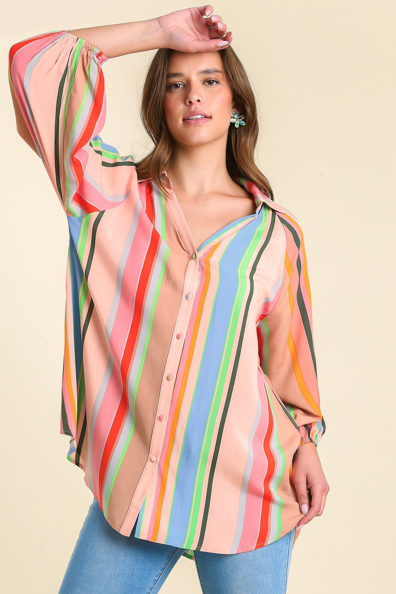 Multi Colored Collared Button Up 3/4 Puff Sleeves Top