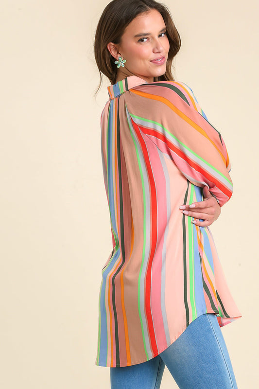 Multi Colored Collared Button Up 3/4 Puff Sleeves Top