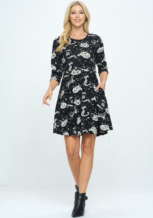 Black Crystal Cat Print Sweater Dress