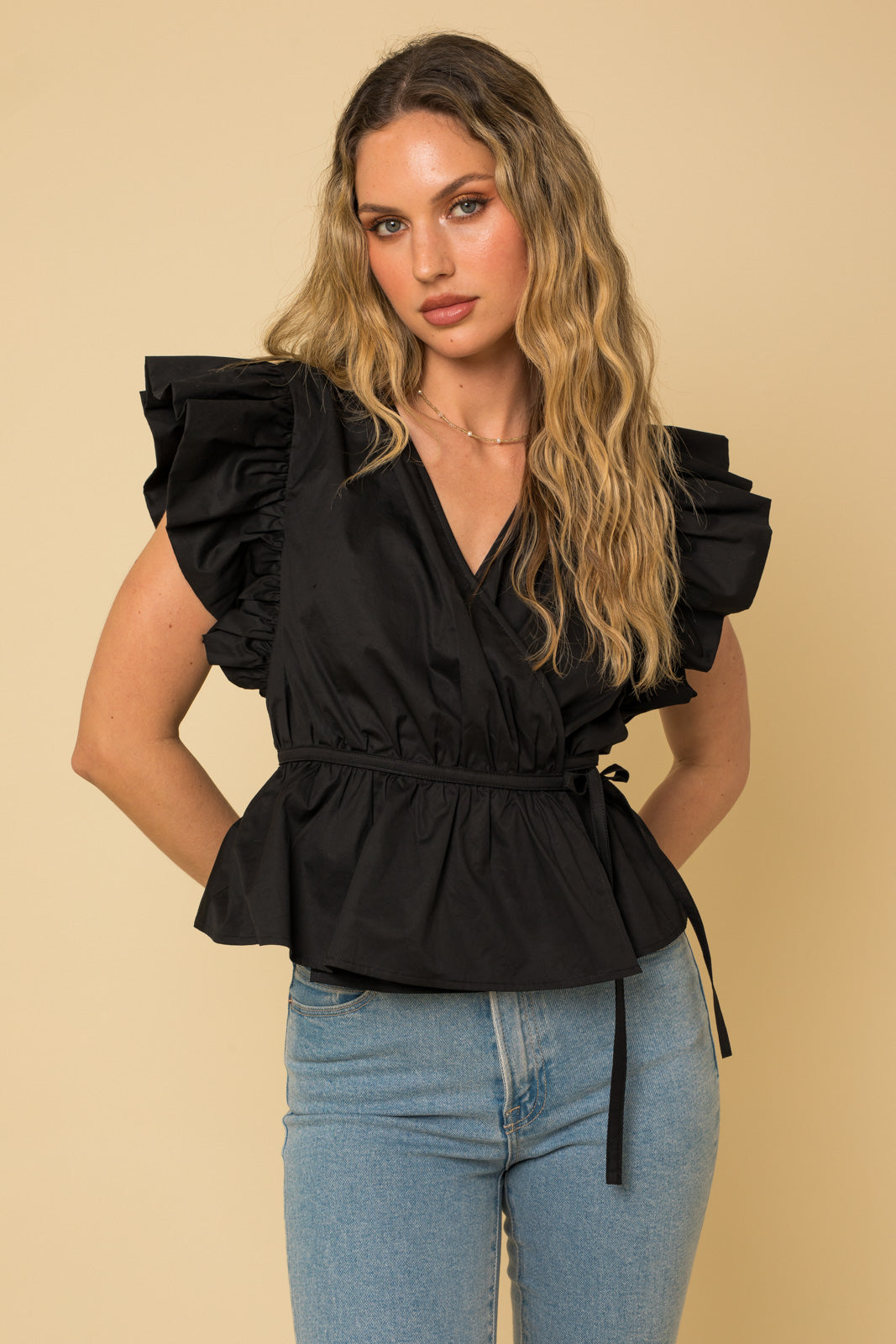 Black Ruffled Tie Waist Peplum Top