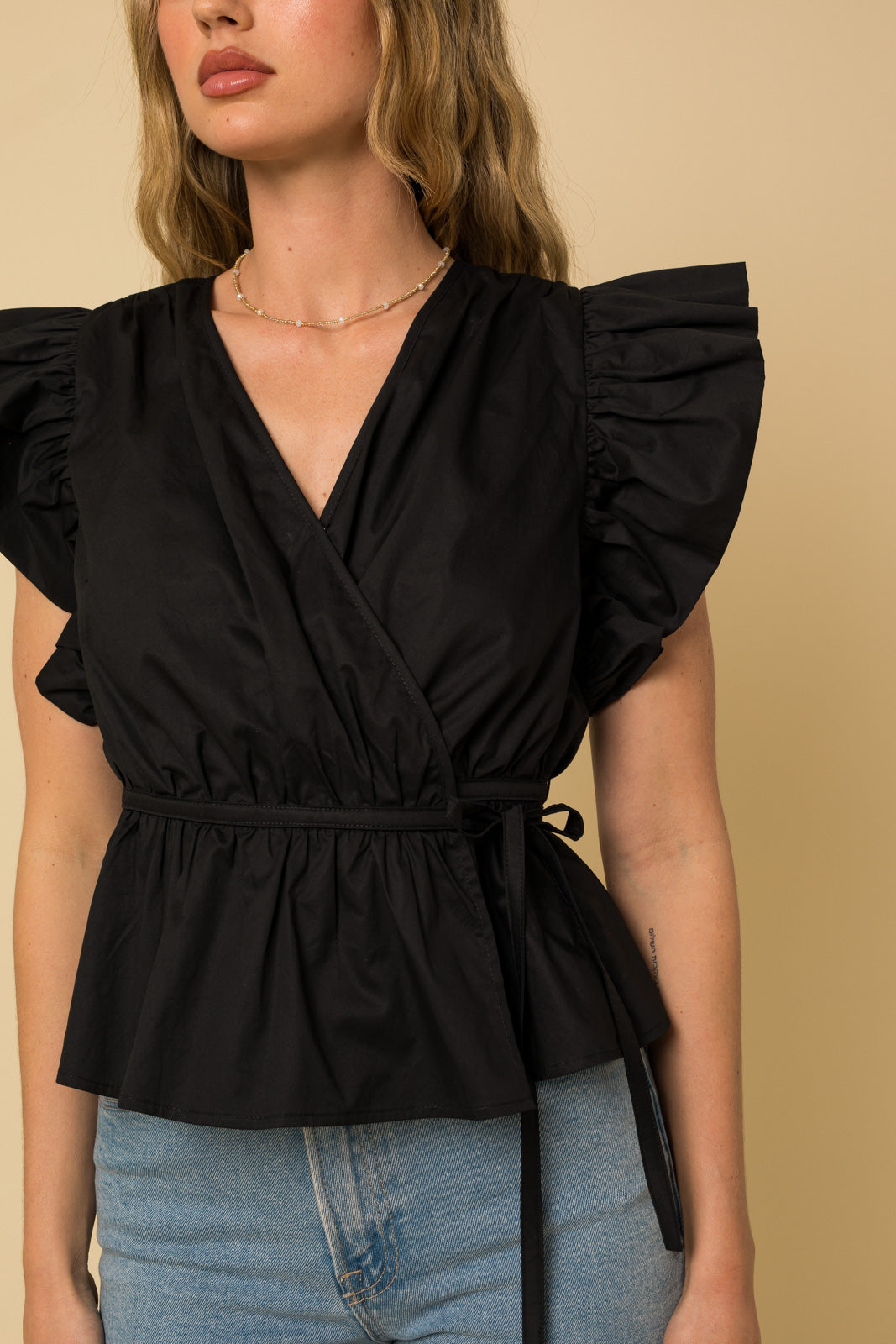 Black Ruffled Tie Waist Peplum Top