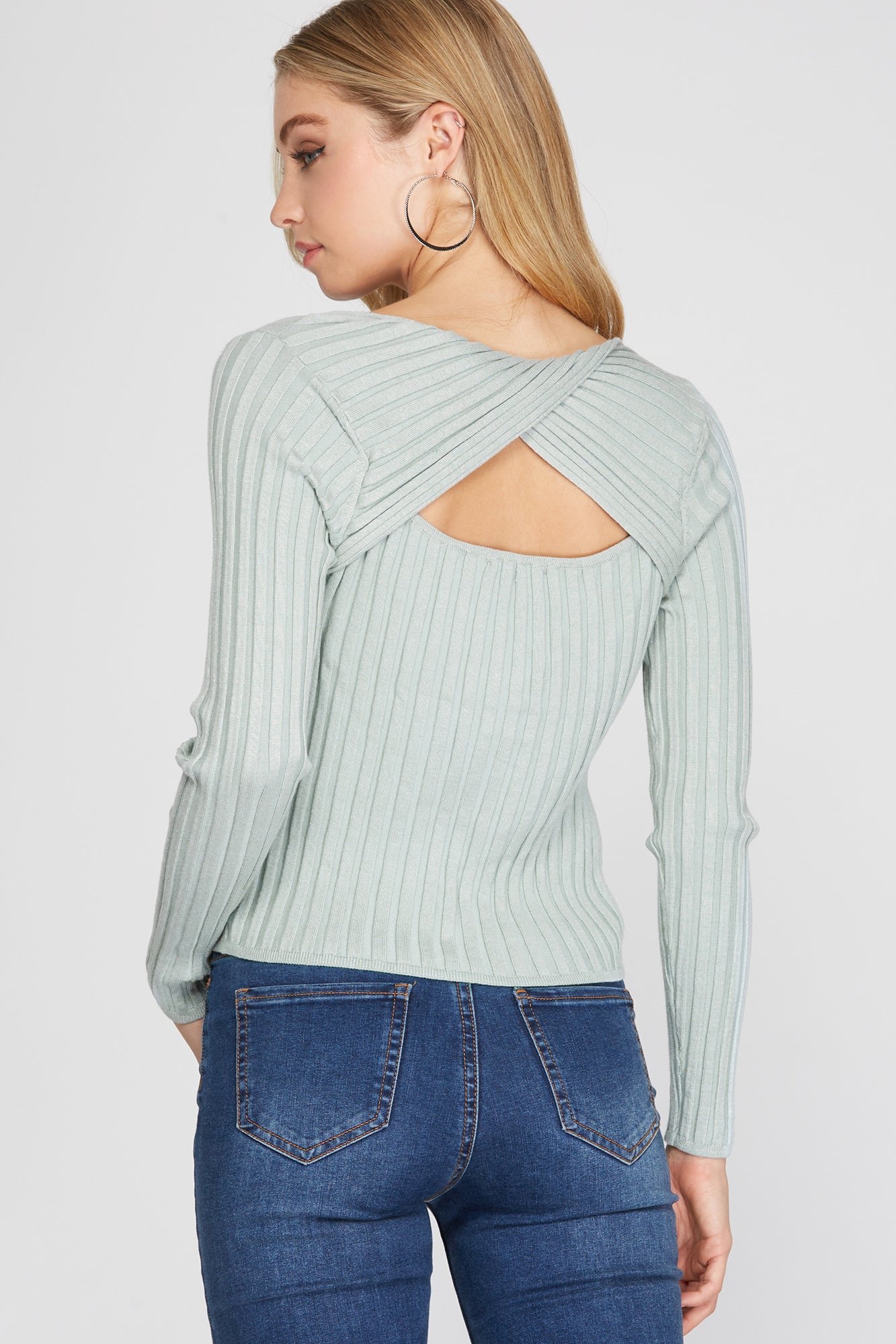 Mint Long Sleeve Open Twist Back Sweater Top