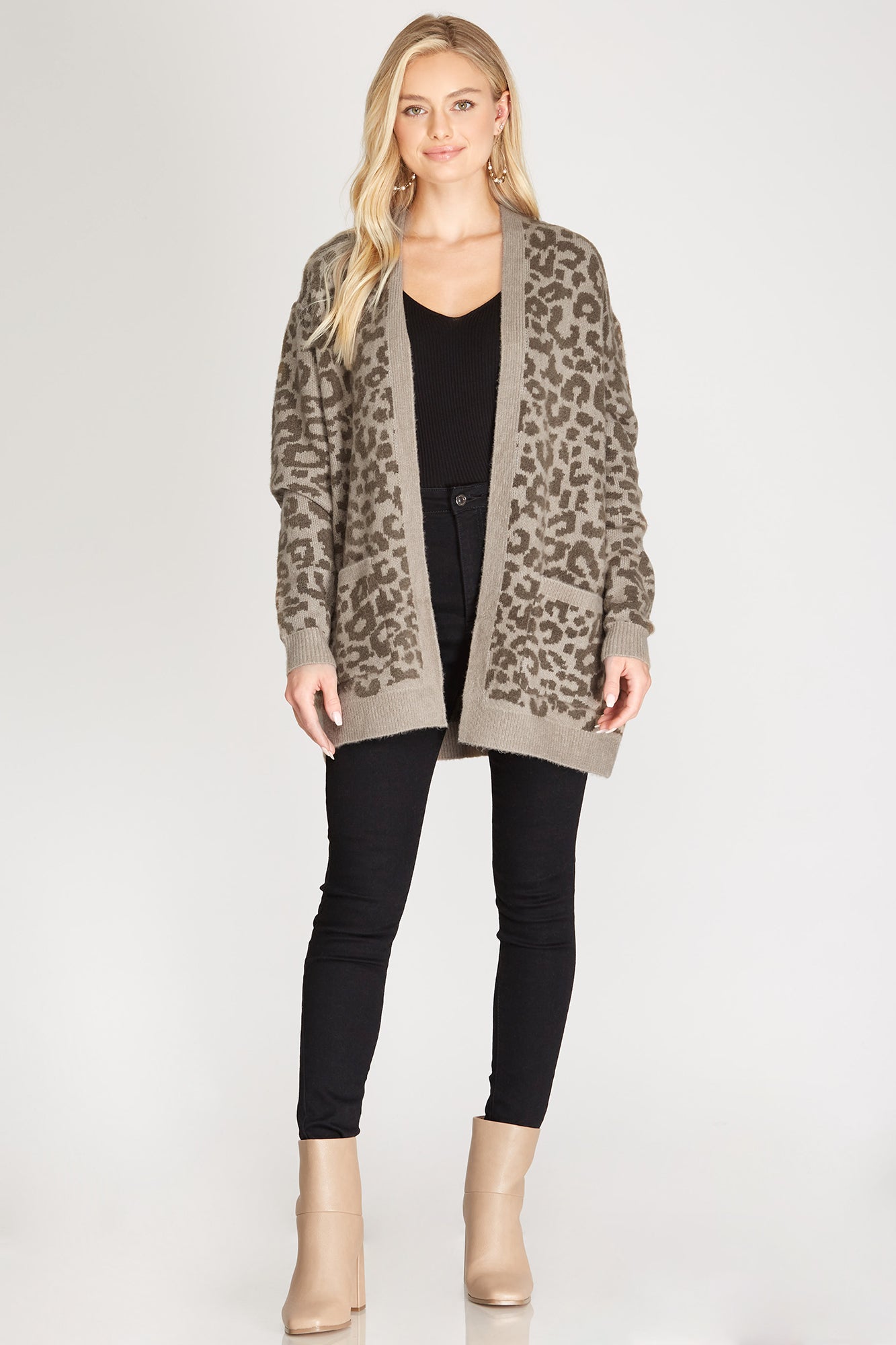 Olive Leopard Print Long Sleeve Sweater Cardigan