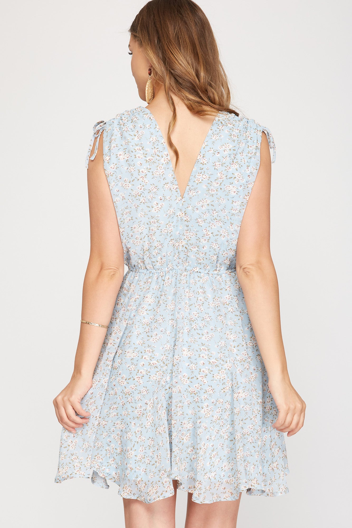 Sleeveless Drawstring Shoulder Floral Light Blue Dress