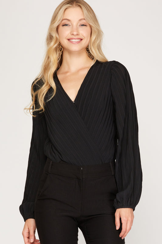 Black Pleated Surplice Snap Closure Bodysuit