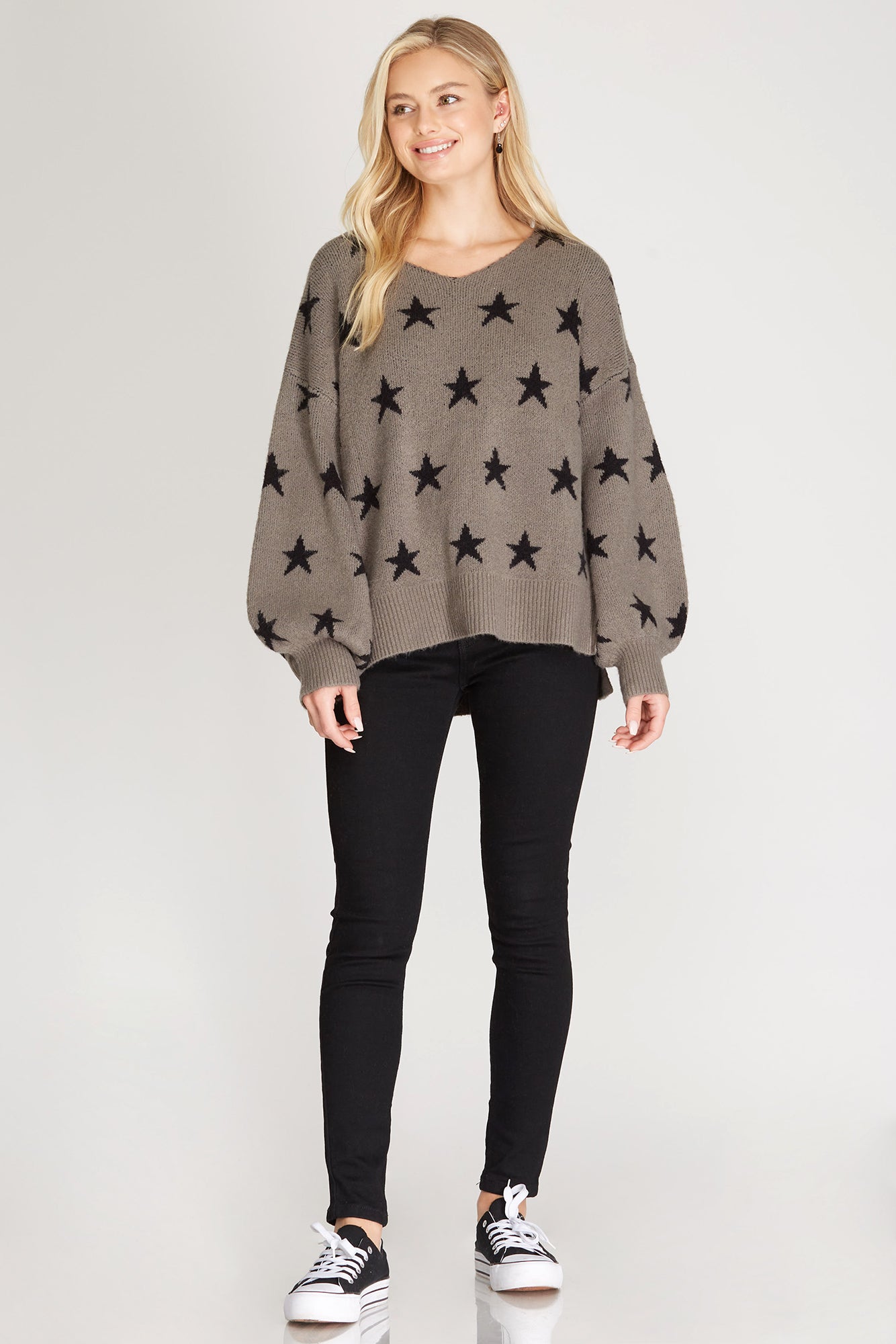 Olive Gray V-Neck Star Sweater
