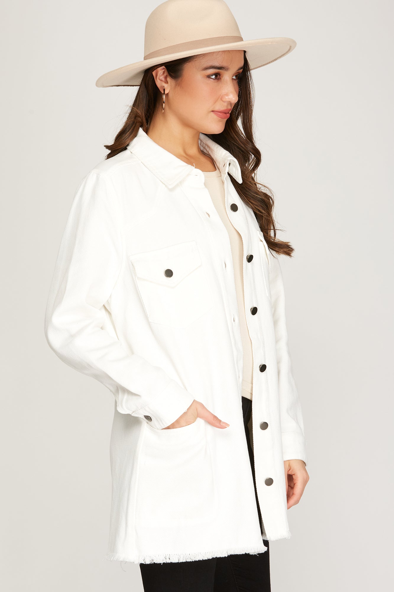 Long Sleeve Twill Button Down Off White Jacket