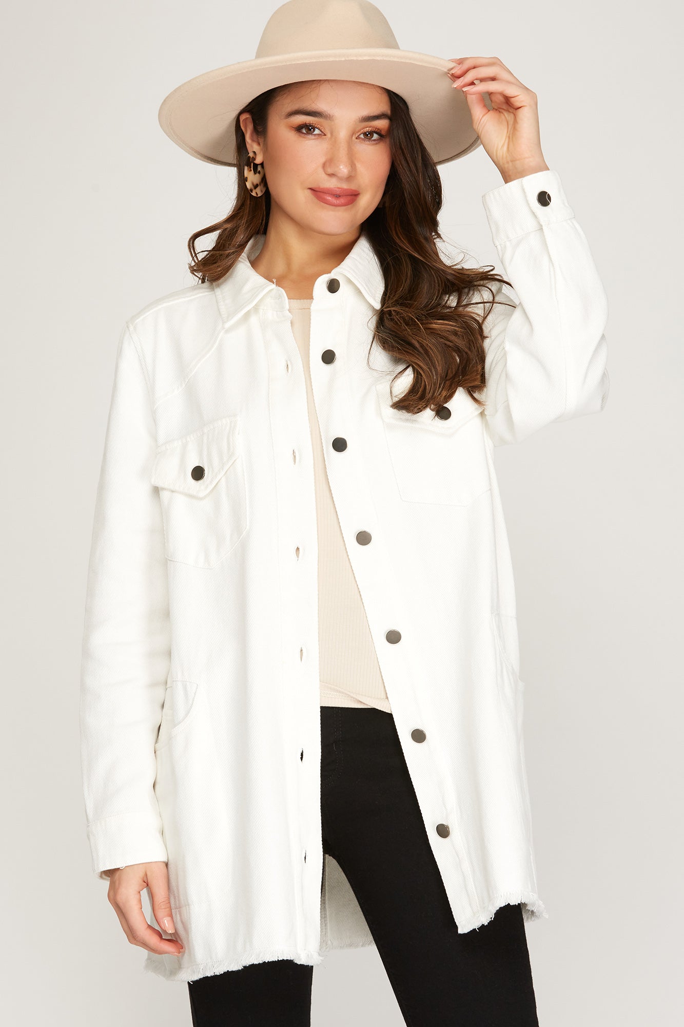 Long Sleeve Twill Button Down Off White Jacket