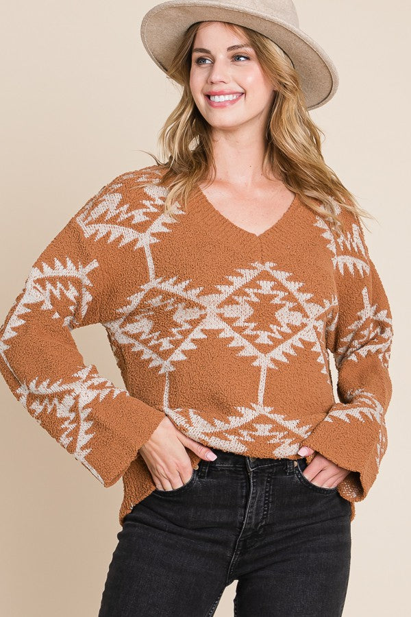Camel Popcorn Knit Aztec Detailed Sweater
