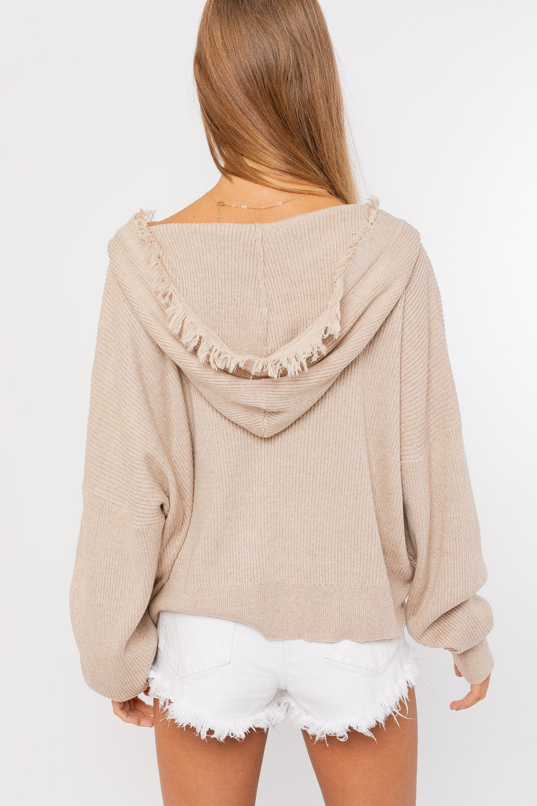 Taupe Fringe Detailed Sweater Hoodie