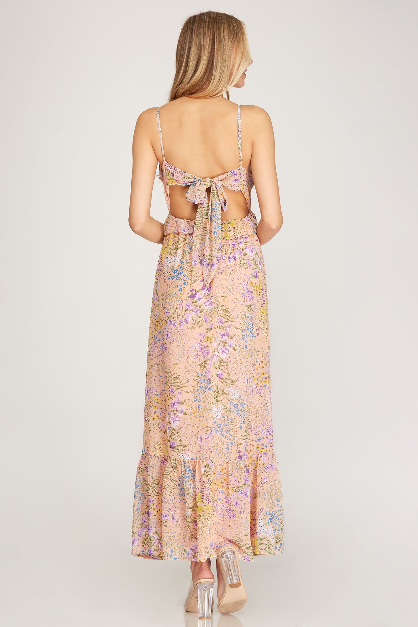Peach Floral Print Maxi Dress