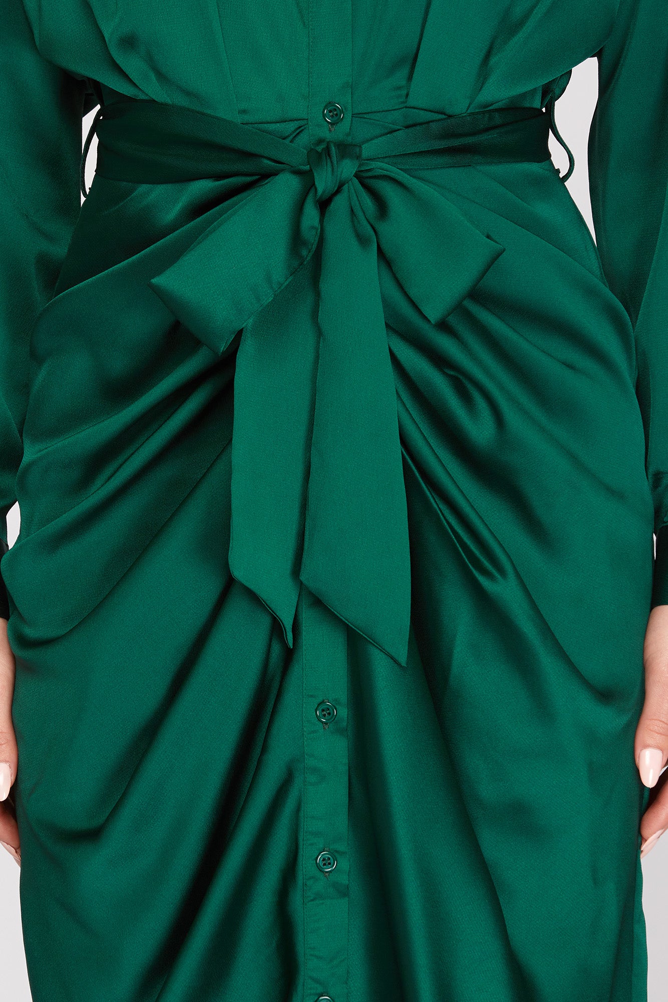 Green Satin Long Sleeve Front Button Dress