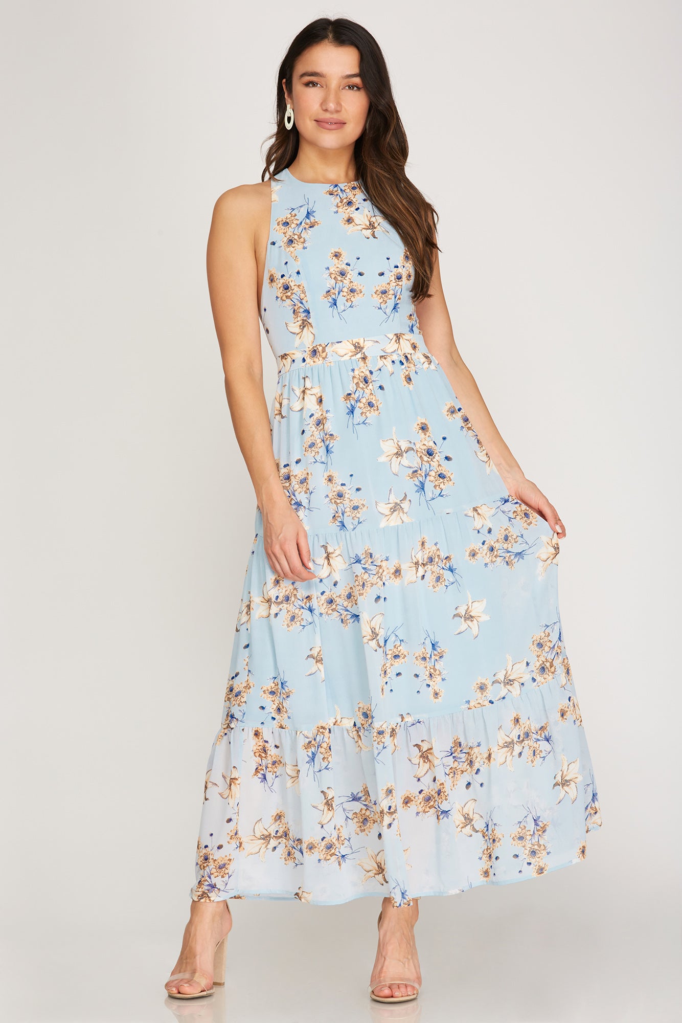 Open Back Floral Print Light Blue Maxi Dress
