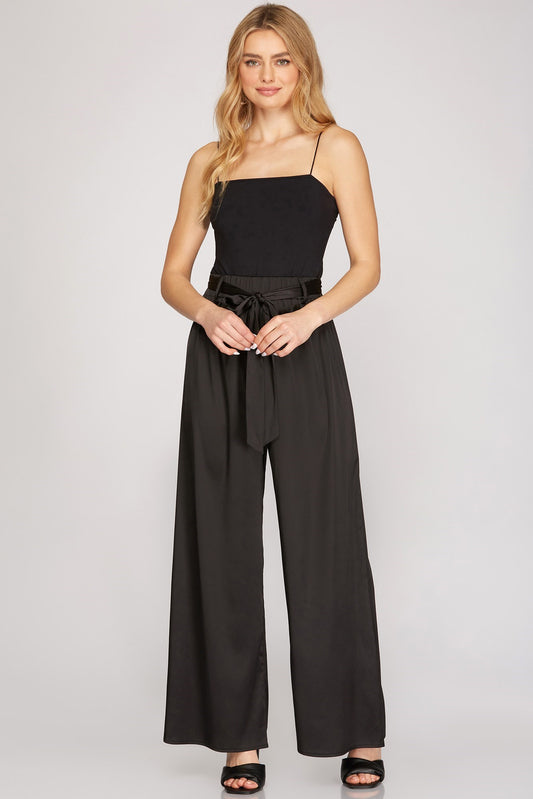 Black Satin Wide Leg Waist Sash Pants