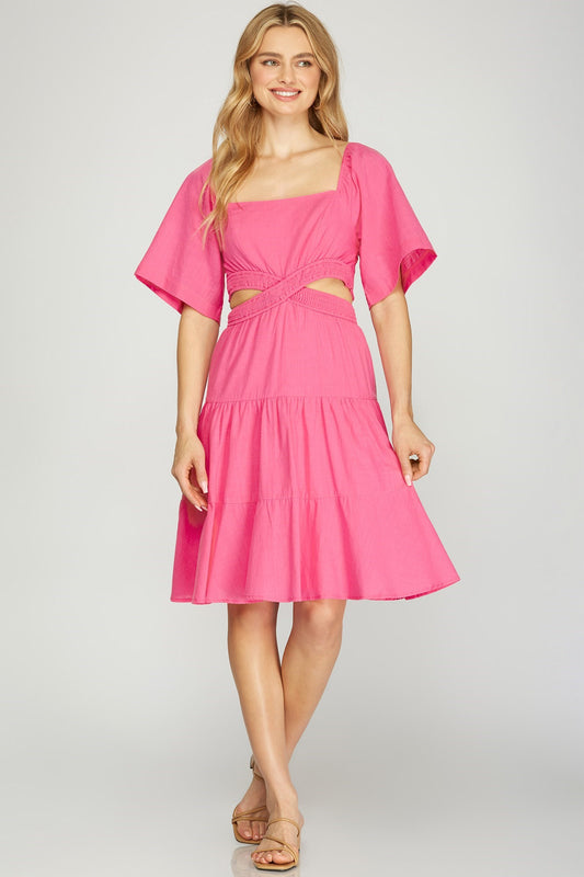 Candy Pink Open Waist Back Smocked Dress