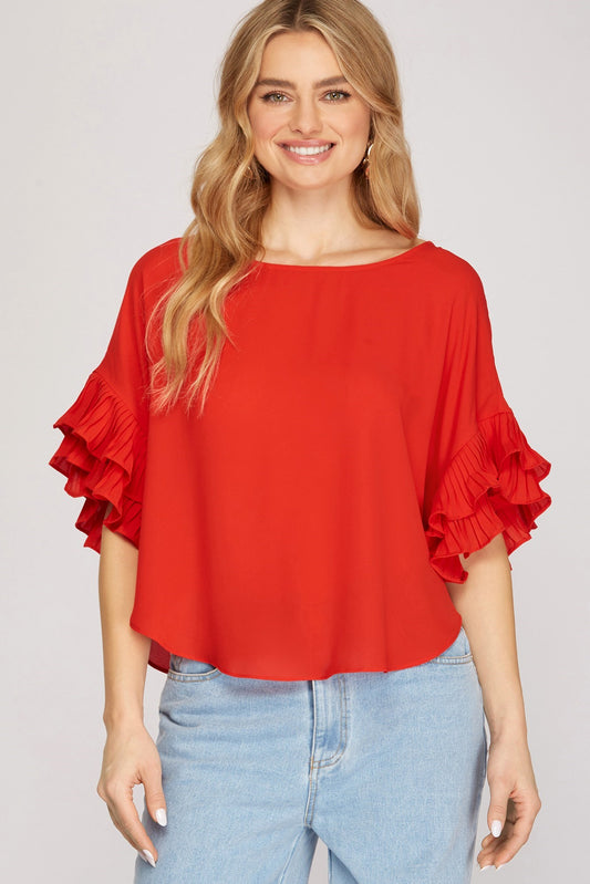 Red Short Ruffle Sleeve Top