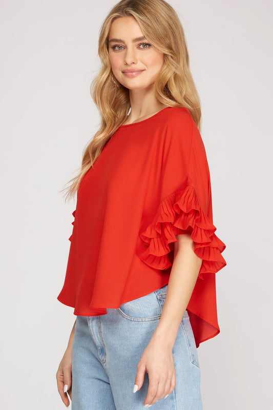 Red Short Ruffle Sleeve Top