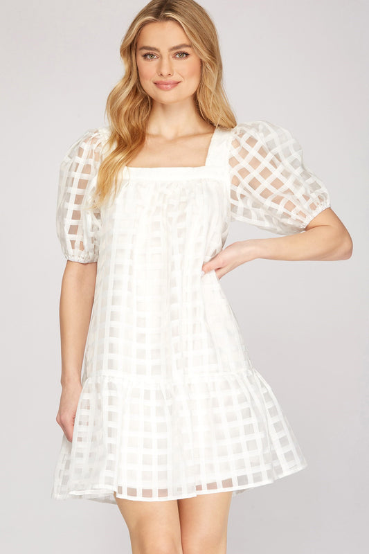 White Square Neck Grid Pattern Dress