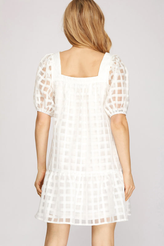 White Square Neck Grid Pattern Dress