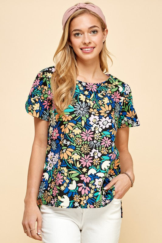 Black Floral Short Sleeve Top