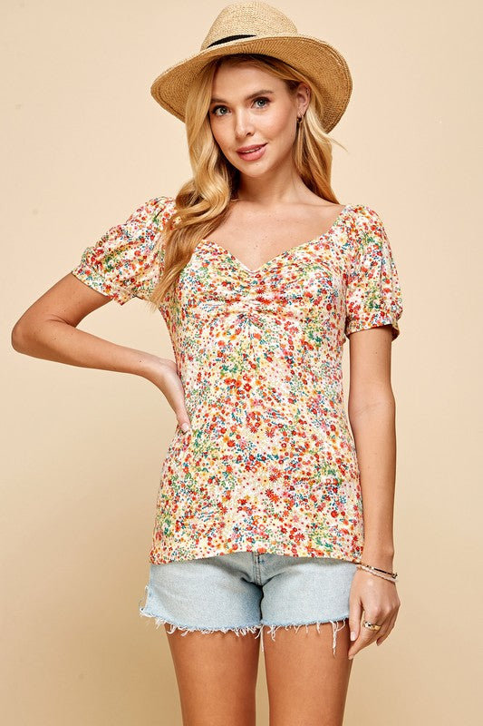 Puffy Sleeve Ruched V-Neck Top