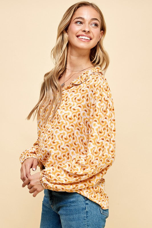 Geometric Print Mustard V-Neck Top