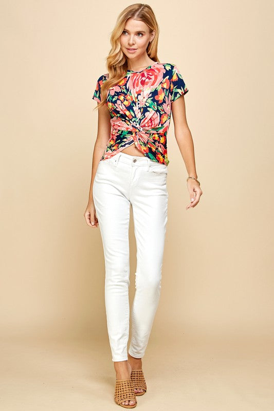 Front Tie Floral Cropped Top