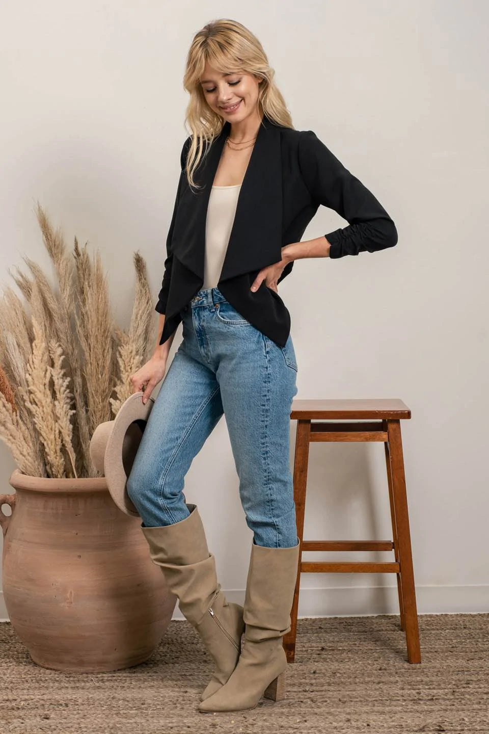 Drape Collar Open Front Jacket - Black