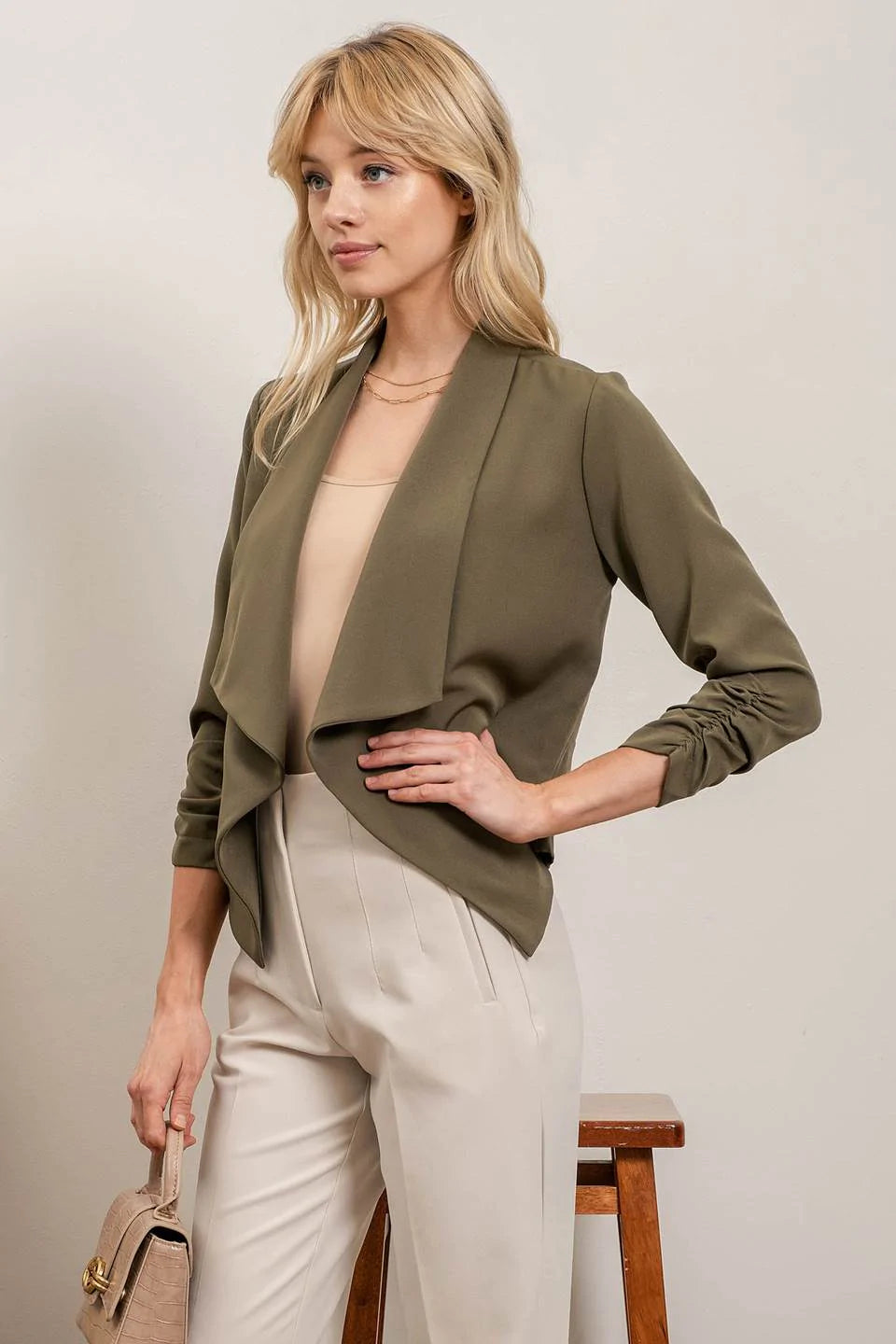 Drape Collar Open Front Jacket - Olive