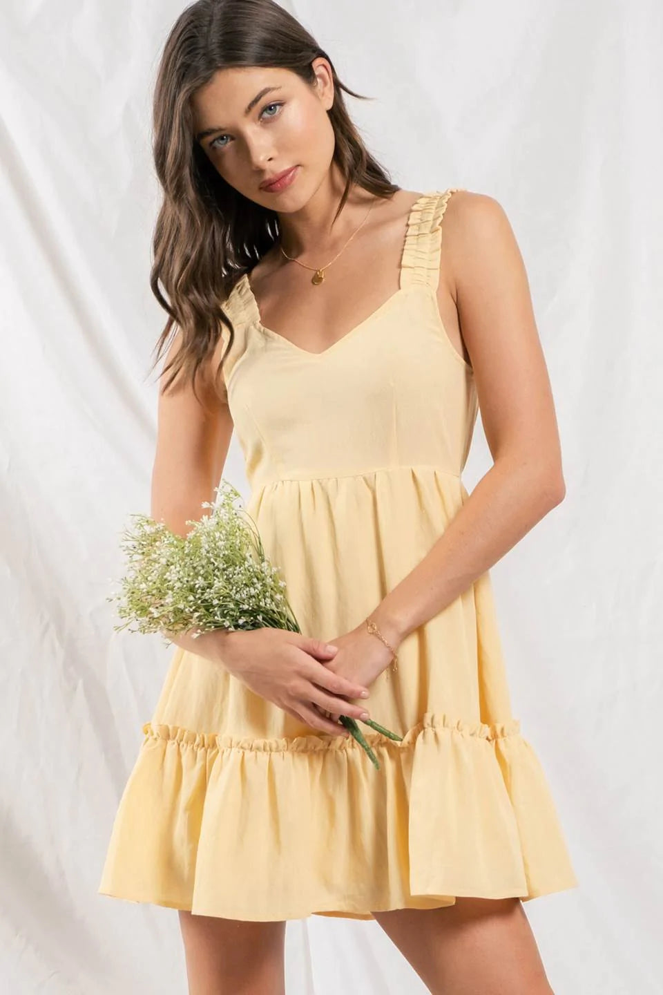 Wide Strap Tiered Ruffle Detail Mini Dress - Yellow
