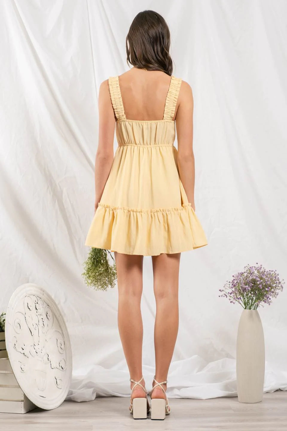 Wide Strap Tiered Ruffle Detail Mini Dress - Yellow