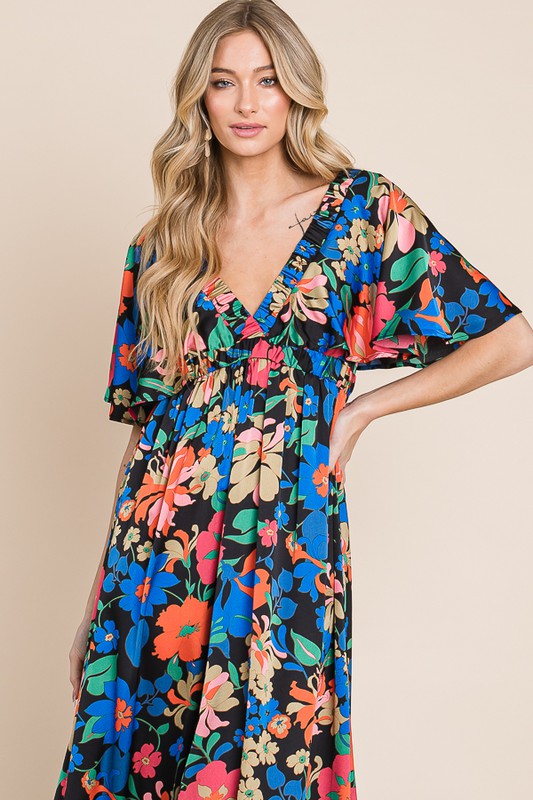 Short Sleeve V-Neck Floral Maxi Dress