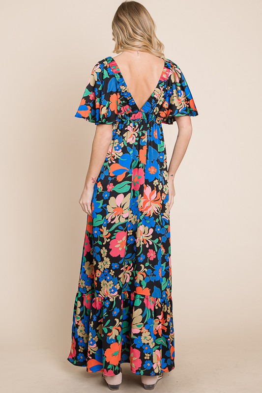 Short Sleeve V-Neck Floral Maxi Dress