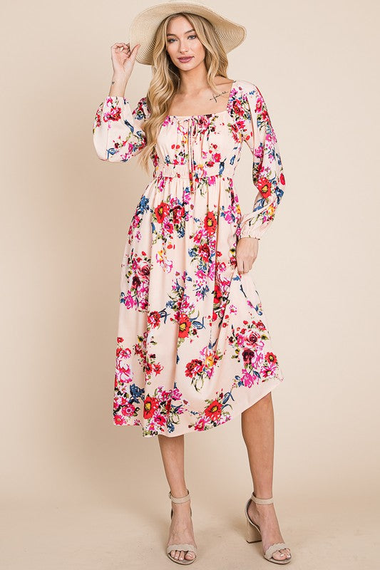 Front Tie Long Sleeve Floral Print Dress